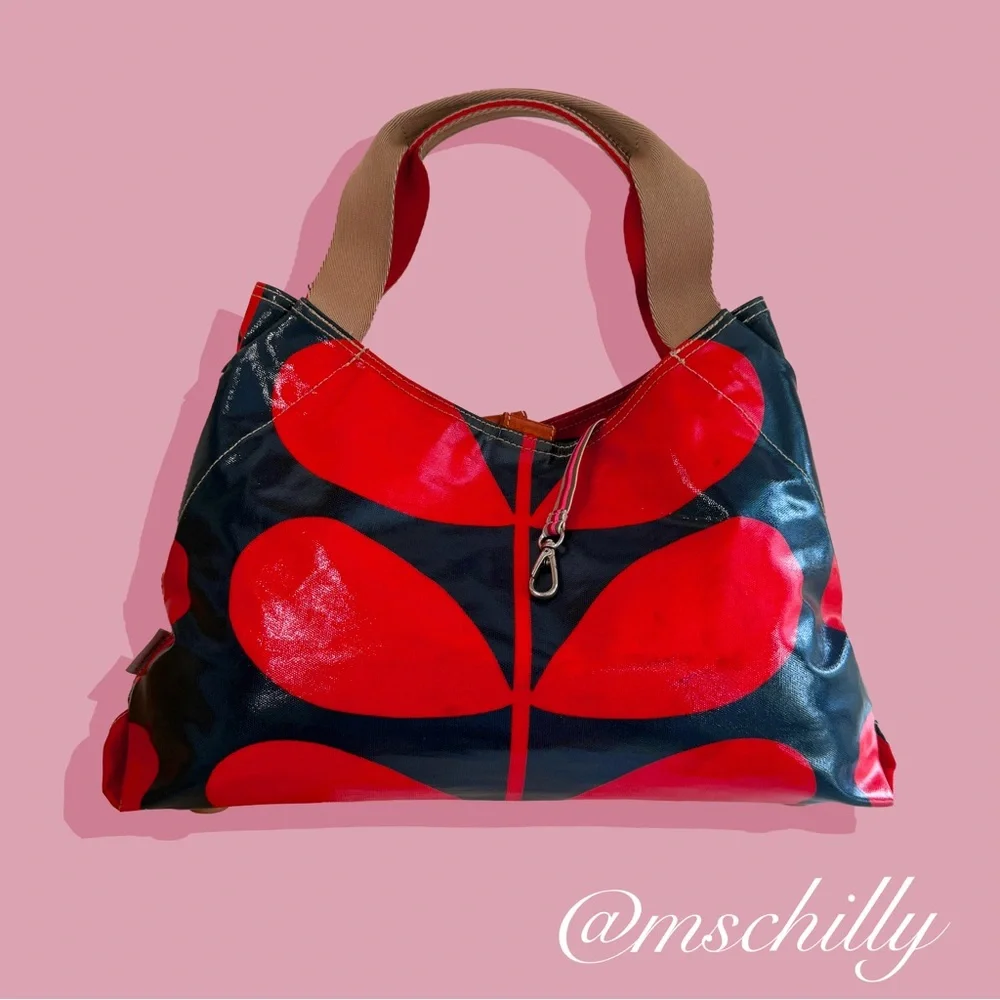 Vintage Orla Kiely Red Navy Blue Solid Stem Shoulder Bag Tote Floral Handbag - Picture 1 of 16